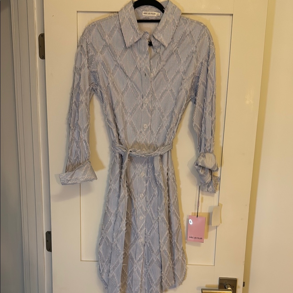 Avec Les Filles Blue Cuffed Sleeve Shirt Dress